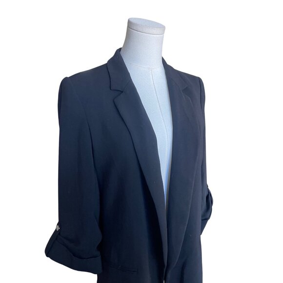 Zara Long Line Black Blazer Size S Roll Tab Sleeves Oversized Office Preppy - Picture 2 of 6
